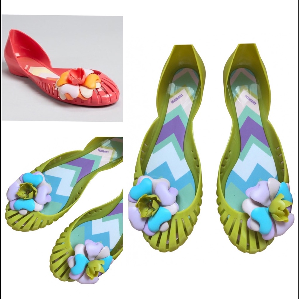 MISONNI designer
 green jelly flats 3D floral embellished